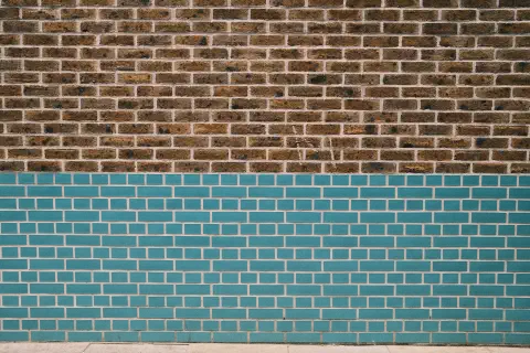 a photo of a brick wall, the top half of the wall is a traditional sandy brick colour, the bottom half is a deep turquoise
