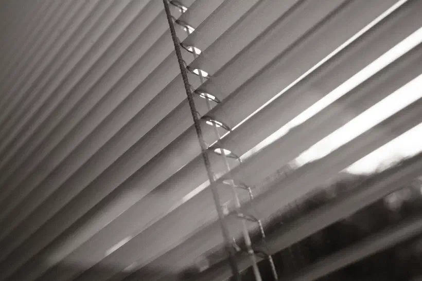 a balck and white photo looking out through the slats of a blind to the bright sky outside.